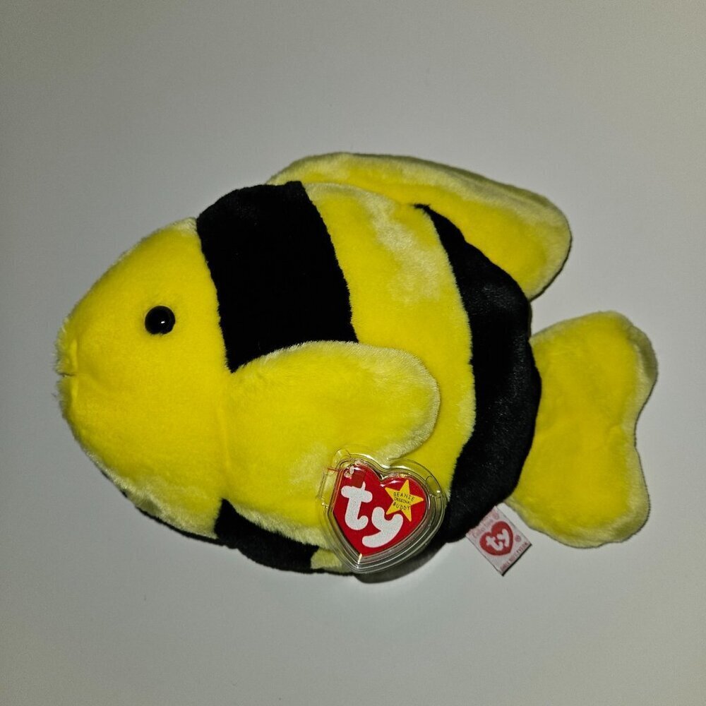 Ty Beanie Buddies Collection Yellow Black Fish Bubbles Stuffed Animal 1998 w/TAG